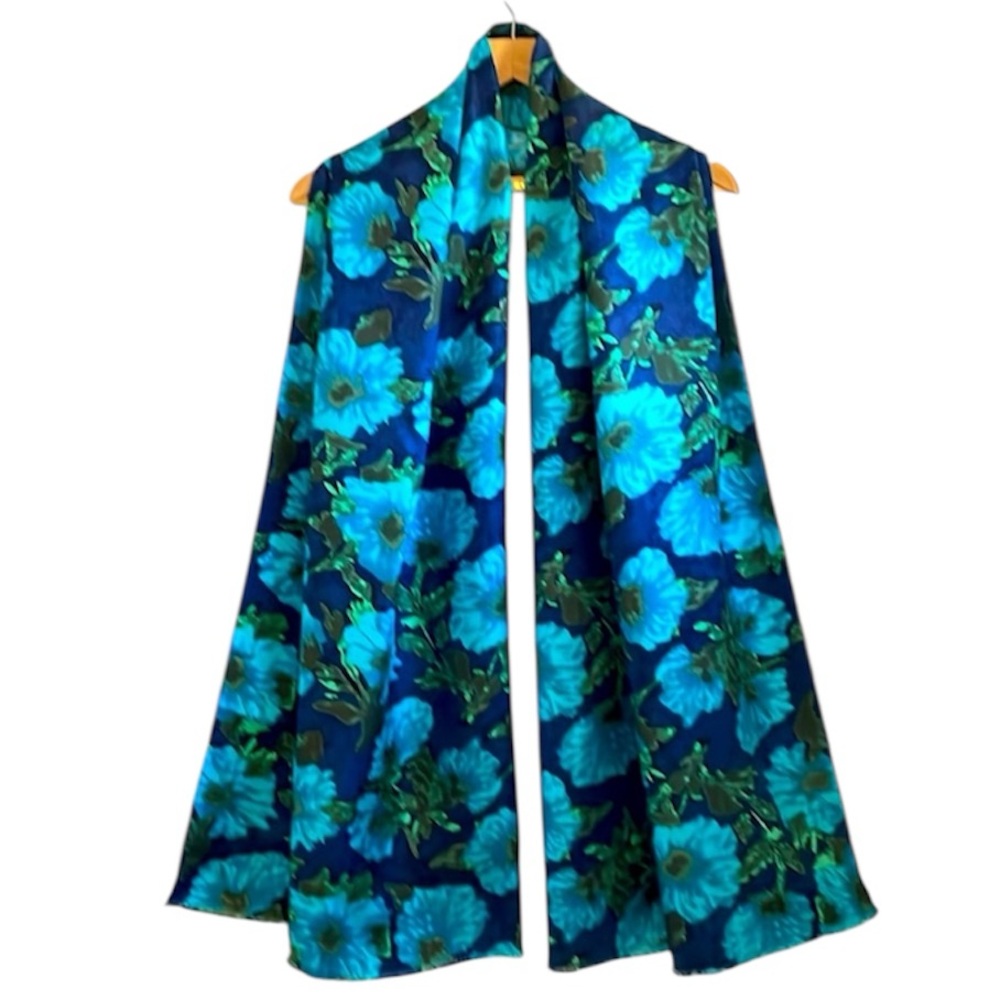 100% Silk Large Vibrant Floral Scarf/Wrap in Blue and Green by J. Crew EUC